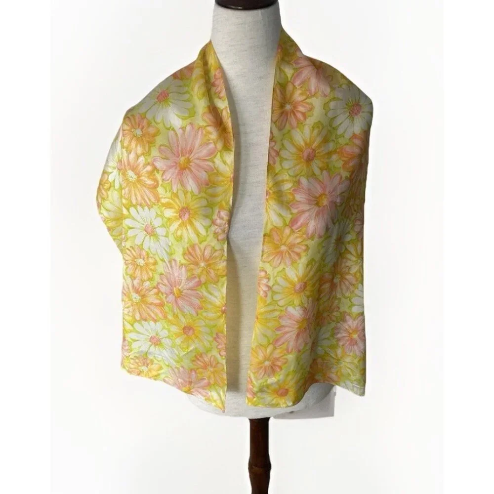 Vintage Floral Scarf Yellow Pink Daisy Sheer Mod Retro 60s 70s 13 x 53 Cottage - Picture 3 of 8